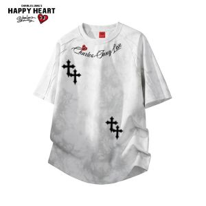 CHARLES JANGS HAPPY HEART | Heart Cross Letter Print T-Shirt Short Sleeves Loose Fit