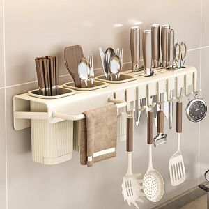 JustLiving Hook Rack for Kitchen Utensils Kitchen Shelf Wall for Spices with Towel Holder and 9 HooksHanging Spice Rack Offers Space for Kitchenware Wall Mounted Chopstick Organizer