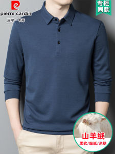 Pierre Cardin Spring New 100% Wool Cashmere Long Sleeve T-Shirt Collared Men Midlife Solid Color Business Casual Wear