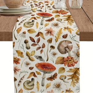 1 Piece of Autumn Forest Table Runner Painted Mushrooms Flowers Autumn Leaves Suitable for Restaurant Home Picnic Natural Market Soft Furnishings and Display.
