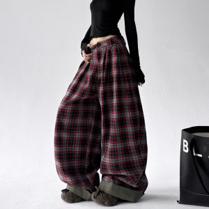 MUYUZI | Warm Checked Loose Straight Wide Leg Pants
