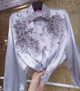 Luxury Fairy Heavy Work Pearl Fabric Shiny Sequin Flower Short Shirt Glowing Long Sleeve Polo Collar Straight Cut Commute Style