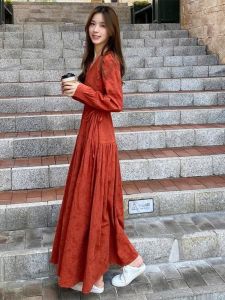 Slimming Long Sleeve V-Neck Midi Dress plus Size High Waist A-Line Skirt Casual Style Spring Autumn New Arrival for Tall Women
