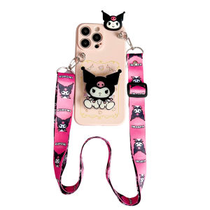DIMBEPLY 3D Doll Cute My Melody Kuromi Casing for iPhone 15 11 13 12 14 Pro Max 7 8 Plus X XS XR XS Max Phone Case with Strap Lanyard + Cartoon Bracket Holder Silicon Soft Cover