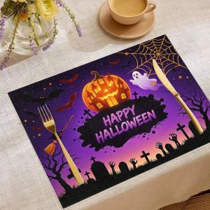 2/4/6pcs Halloween Meal Mat Witch Pumpkin Ghost Bat Blood Handprint Spider Web Ghost House Table Mat Spooky Table Party Decor
