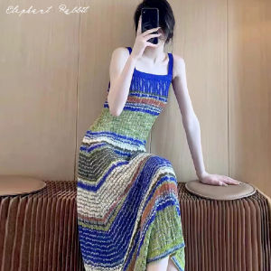 Summer Blue Striped Knitted Suspender Dress Slim Looking Sanya Seaside Holiday Beach Dress Thailand Travel Photography