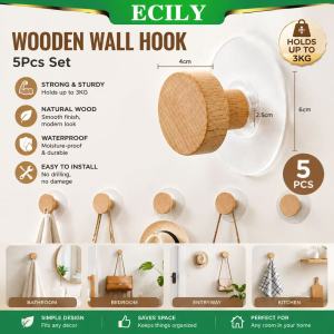 【ECILY🔥5pcs 】 móc treo có giác hút gỗ đa năng cho phòng tắm nhà bếp cửa phòng ngủ không có cài đặt khoan giữ khăn khăn quàng cổ đồ trang sức