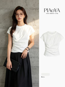 PIAOYA | White Loose Fitted Waist-Tied Pleated Stylish Slim T-Shirt