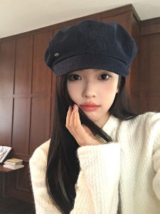 Korean Style Corduroy Peaked Cap Beret Womens Fall and Winter Square and round Face Retro Big Head Circumference Show Face Small Octagonal Painter Cap