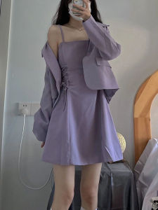 Womens Suit Set Dress Purple Jacket Strapless Gown Two-Piece Suit Fashionable Elegant Ladylike Style Autumn Wear