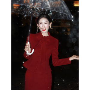 LINGQIAN | Elegant French Style Wool Suit Dress Bow Jacket Fish Tail Skirt Winter New Year