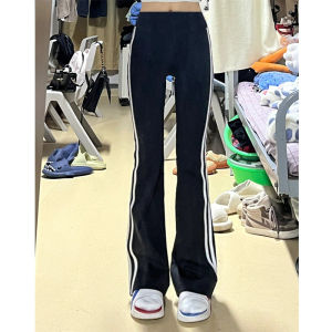 Stripes Shark Skin Bell-Bottom Pants Female Spring & Fall 2024 New Arrival High Waist Show Thin Black Barbie Yoga Sports Bootcut Trousers