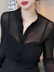 UYFY | French Black Mesh Thin Long Sleeve Semi-See-Through New Style Shirt