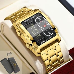 Men Watches Square LED Electronic Quartz Movement Stainless Steel Luxury Watch Sports Business Waterproof Watch for Men