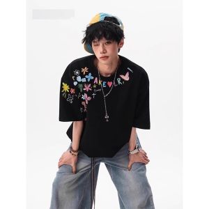 เสื้อยืดแขนสั้นผู้ชายไซส์ใหญ่พิมพ์ลายตัวอักษร ทรงหลวม ผ้าฝ้าย ทรงลำลอง สำหรับวัยรุ่น ฤดูร้อน 2025 จีนแผ่นดินใหญ่