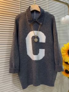 Womens Faux Two-Piece Knitwear Sweater with Fleece Lining Thickened Denim Collar Autumn Winter Base Layer Shirt Korean Style