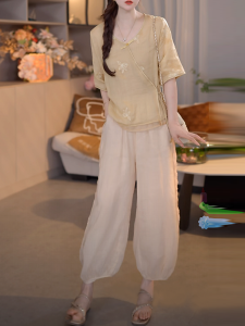 Shalldoer | Bộ đồ hai mảnh phong cách Trung Hoa mới cho nữ mùa hè chống nắng quần ống rộng thường ngày cổ tròn tay giữa