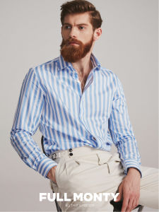 เสื้อเชิ้ตผู้ชายคอวันส์ทรงหลวมสีฟ้าลายทางแขนยาวผ้าฝ้ายแท้สีบล็อกสำหรับใส่ไปทำงาน เสื้อเชิ้ตผู้ชายทรงหลวมสบายๆ