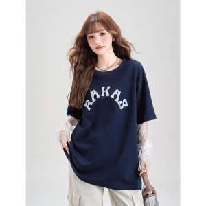 American Style Spicy Girl Lace T-Shirt Womens Summer New Gray Letter Print Top Trendy Loose Fit Casual round Neck Long Sleeve