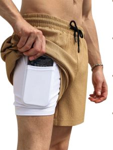 Mens Running Shorts 2024 Summer Casual Sporty Breathable Quick Dry Double Layer Woven Three Quarter Length Outdoor Clothing