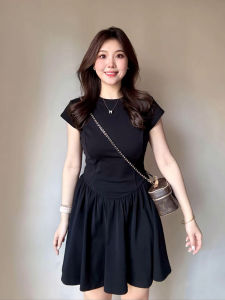 Elegant Summer Black Dress Women plus Size Conceal Belly Slim A-Line Hem Short Sleeve round Neck Gown for Plump MM