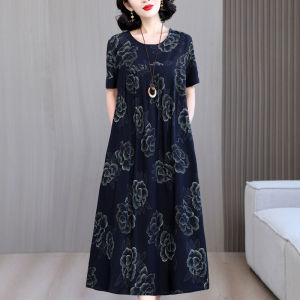 Elegant Short Sleeve Floral Cotton Silk Dress Vintage High-End Feeling Artificial Cotton Long Skirt for Stylish Mom Summer Wear