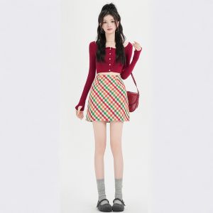 puella | Fashionable Korean Style Rainbow Plaid High Waist A-Line Slimming Skirt