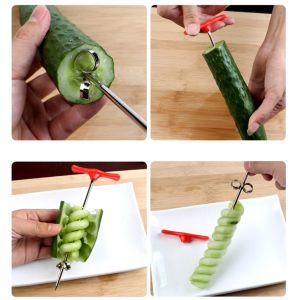 2Pcs  Stainless Steel Cucumber Spiral Slicer Easy to Use Creative Vegetable Carving Tool for Cucumbers Potatoes Radishes