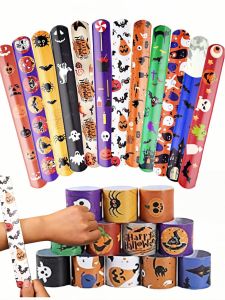 12-48Pcs Halloween Party Creative Wristbands Supplies Spider Pumpkin Ghost Patterned Wristbands Halloween Party Gifts Supplies