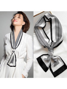 Khăn Choàng Lụa Sọc Đen Trắng Mỏng Thời Trang Xuân Thu Cho Nữ Trang Trí Khăn Quàng Cổ Quấn Quanh Quai Lụa