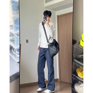 Trendy Ice Silk Mens Summer Casual Pants Diagonal Cut Loose Fit Straight Leg Three-Proof Knife Edge Quick Dry Cargo Trousers