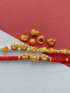 925 Antique Silver Gold Plated Small Lucky Dragon Pendant Orange Color Blue Flame Decoration Bead Spacer Ring Fashion Jewelry