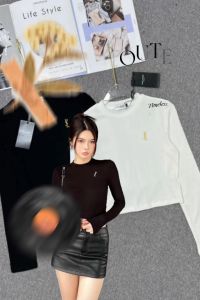 ÁO CROPTOP DÀI TAY CỔ TRÒN KÈM TAG KIM LOẠI chất liệu cotton zip MẪU MỚI