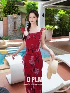 D-PLAY | Vacation Style Red Print U-Back Tie Straps Dress