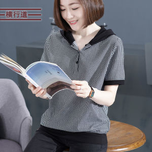Áo Thun Nữ Cỡ Lớn Mùa Hè Dáng Rộng Có Mũ Trùm Đầu Tay Ngắn Tay Lửng Cổ Điển Kẻ Caro Phong Cách Đường Phố Thường Ngày