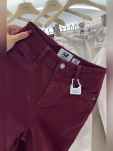 High Waist Soft Fabric Womens Jeans Autumn New Style Ankara Red Straight Leg Slimming Cotton Stretch Denim Anti-Wrinkle