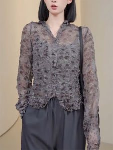 QINGNAER | French Style Large Size Elegant Floral Pleated Vintage Transparent Long Sleeve Shirt