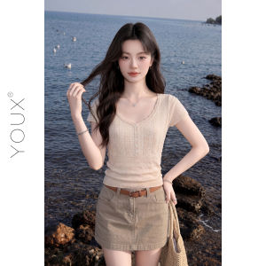 YOUXIANG | Áo Thun Mỏng Dài Tay Cổ V Ôm Sát Gợi Cảm
