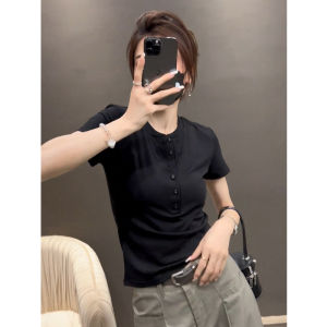 Black Slim Fit Short Sleeve T-Shirt Women Summer Fashionable Casual Pure Color Versatile Top Shoulder Width Regular Length