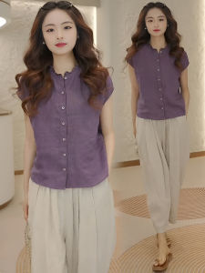 Linen Shirt Ruffle Collar Casual Commute Womens Style Summer New Arrival Korean Version Loose Fit Button Splice Short Sleeve