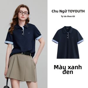 Áo Polo nữ Toyouth tay xắn phối màu kẻ sọc phong cách retro