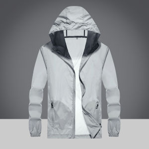 Summer Mens plus Size Loose Fit Hooded Thin Sun Protection Jacket Logo Printed Outdoor Travel Clothing Ultra Lightweight Breathable
