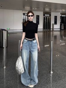 VKSOD | Korean Style Slim Fit Half High Collar T-Shirt Top Loose Casual Wide Leg Jeans Women Summer Super Good Looking Two Piece Set