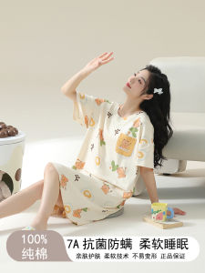 ชุดนอนผู้หญิงแขนสั้นผ้าฝ้ายแท้ฤดูร้อน 2025 ใหม่ แขนสั้นบาง ชุดนอนลายการ์ตูนน่ารัก กระโปรงยาวปานกลาง ไซส์ใหญ่ เสื้อผ้าใส่ในบ้าน