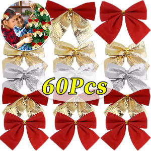 12/24/60pcs Mini Xmas Tree Bowknot Pendant Ornaments / Glitter Xmas Wreath Satin Ribbon Bows / DIY Decoration Gifts Christmas Bows / Christmas Bows New Year Party Home Supplies