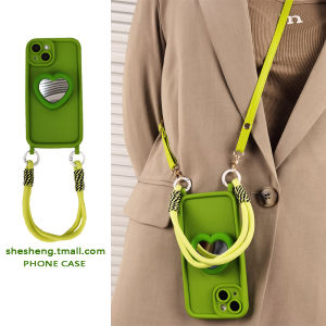 Simple Mustard Green Silicone Heart Phone Stand Compatible with Apple 15Promax iPhone 13 Compact Mirror 12/11 Rare X/XS Anti-Fall XR Handheld 7Plus Crossbody 8P Strap Hanging Rope