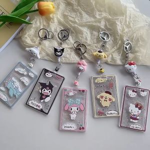Kuromi Melody Transparent Card Holder Waterproof Protective Cover Retractable Lanyard Key Chain and Bell Sanrio