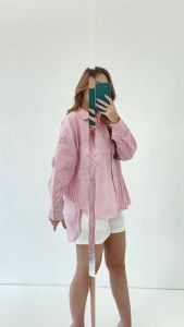RED 131 Salsa Oversized Cotton Shirt Long Sleeve/Kemeja Korea/Kemeja Kantor/Atasan Ootd Kekinian/Kemeja Kantor Wanita Motif Salur Lengan Panjang