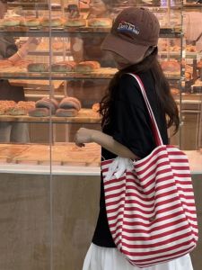 Summer 2024 New Arrival Ins Korean Style Red Stripes Double-Sided Canvas Bag Tote Student Large Capacity Shopping Bag