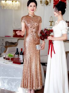 Elegant Young Mother Wedding Dress Chinese Style Reformed Qipao High End Luxury Sensation mid Length Cheongsam round Collar